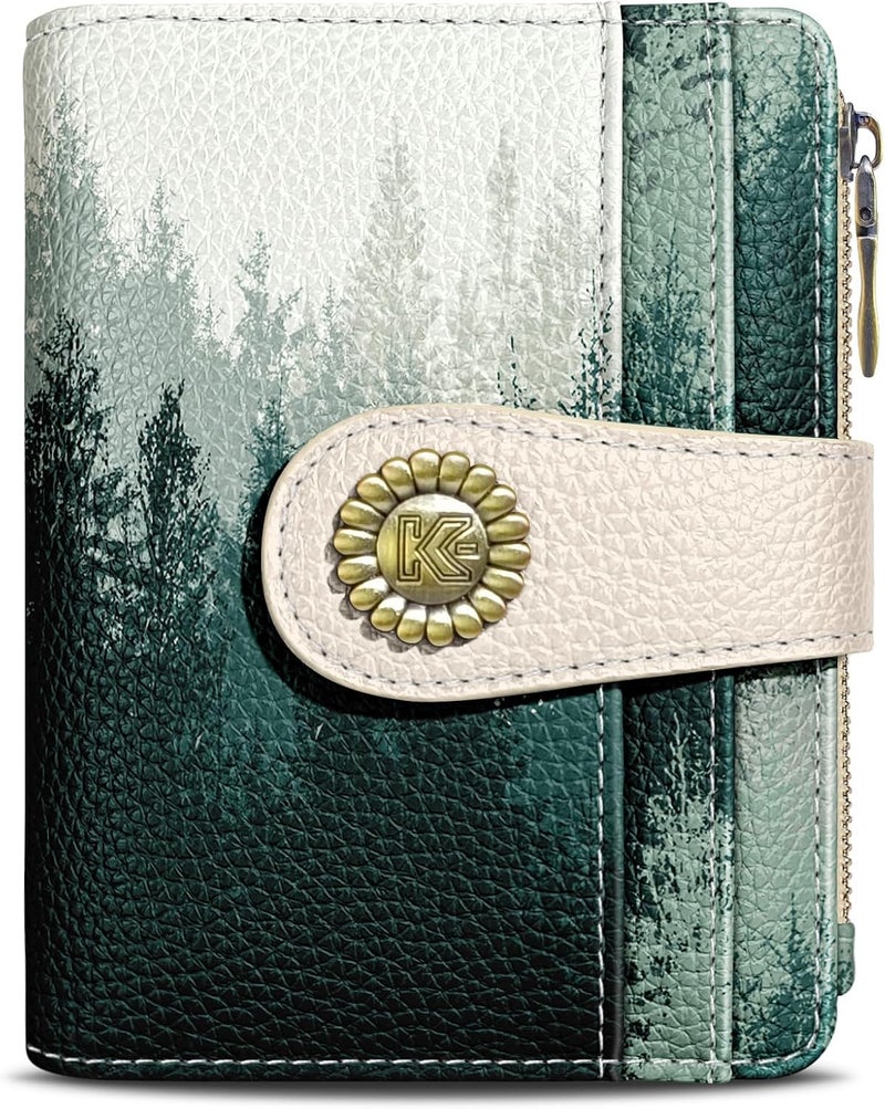 Kelvoris Forest Tree Small Rfid Women Wallet Bifold Zipper Coin Pocket PU Leather Compact Cash Credit Card Holder Travel Wallet for Female Ladies Teen Girls 1 ID Window 10 Card Slots - Image 1